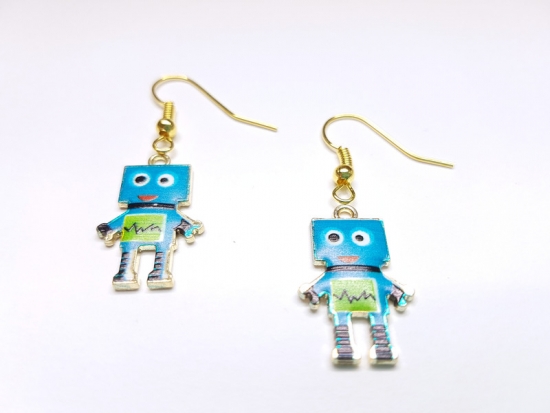 Roboter Ohrringe blau hell goldfarben robot